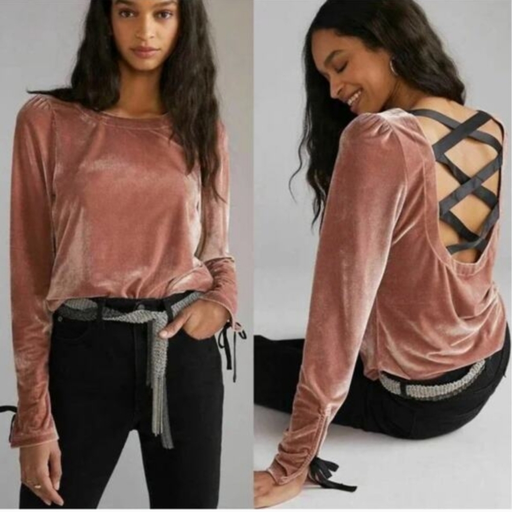 Anthropology Open-Back Velvet Top‎ Blouse Blush Pink Ballet core Preppy XS